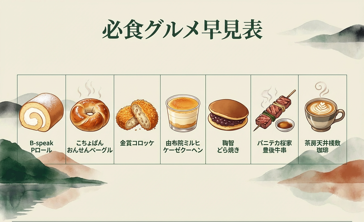 湯布院 食べ歩き 必食グルメ 早見表